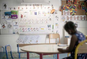 Une petite fille de dos dans une salle de classe de maternelle avec face à elle un tableau rempli d'activités et de dessins
