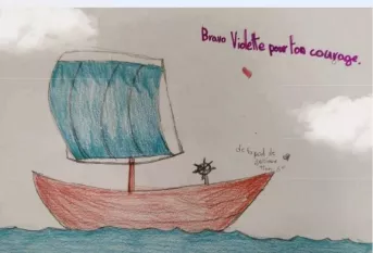 Dessin d'un bâteau d'un jeune de Vitagliano pour encourager la navigatrice Violette Dorange