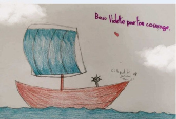 Dessin d'un bâteau d'un jeune de Vitagliano pour encourager la navigatrice Violette Dorange