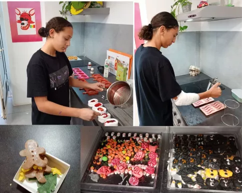 Photos de créations de jeunes et deux jeunes en train de créer
