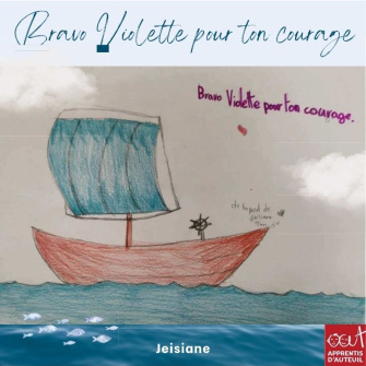 Dessin d'un bâteau d'un jeune de Vitagliano pour encourager la navigatrice Violette Dorange